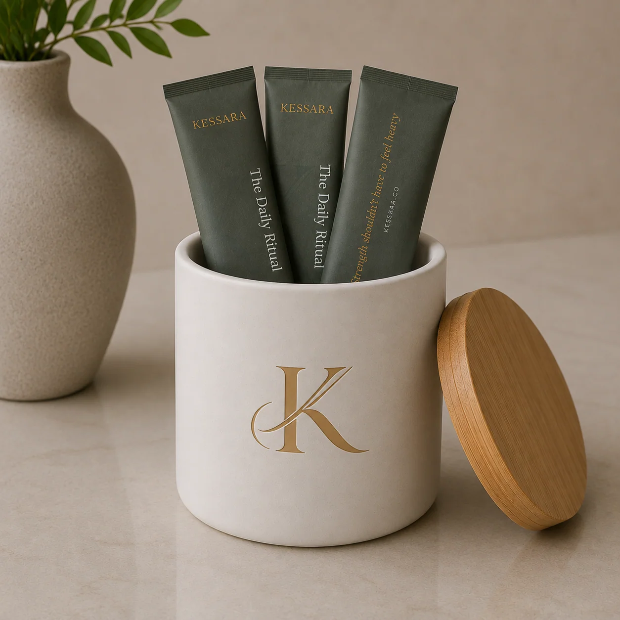 KESSARA Daily Ritual stick packs in the signature canister