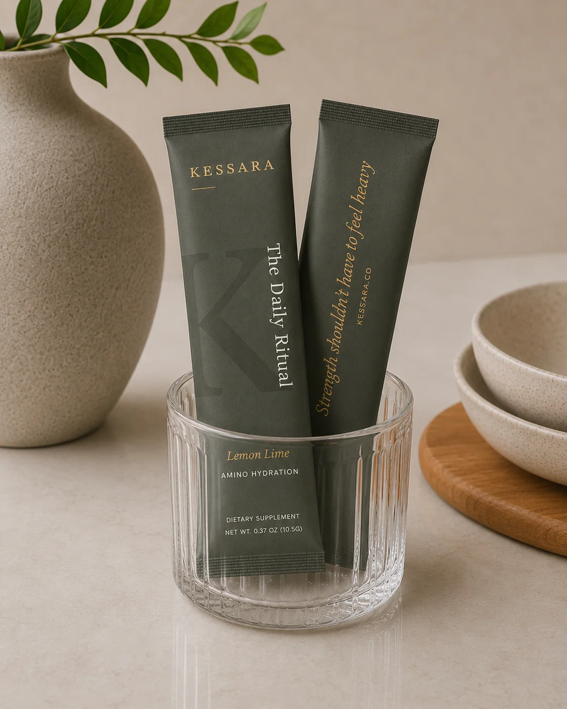 KESSARA Daily Ritual stick packs standing in a glass